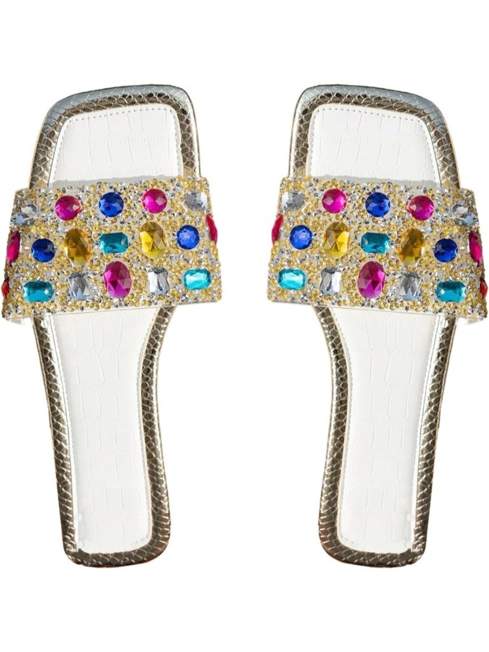 🆕Women's White Rhinestone Rainbow Flat Sandals Sparkly Bling Slides Glitter